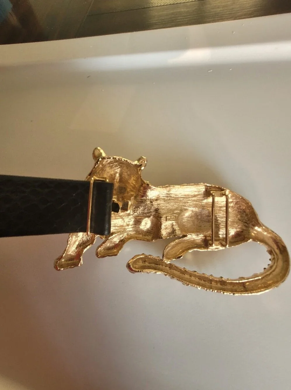 VTG Mimi Di 1987  Leopard Belt Buckle Black Gold Lux Animal  Removable Belt Leat
